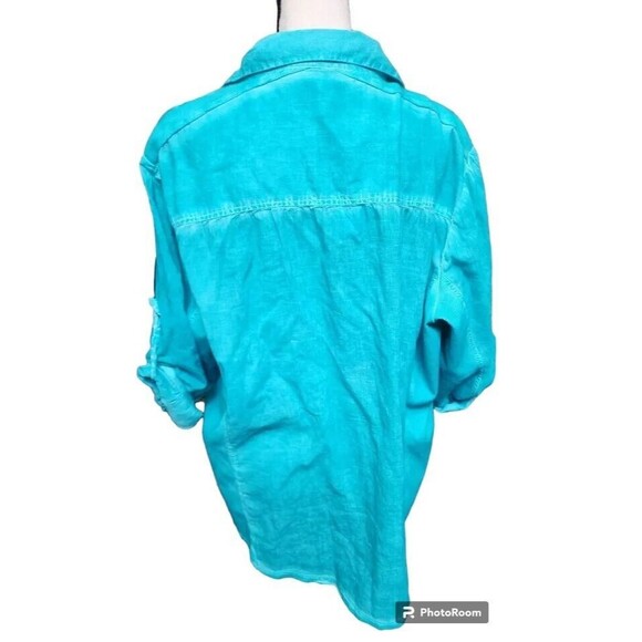 Keren Hart Blouse Size 2X NEW Distressed Finish Blue Button Front Tab Sleeves - Picture 5 of 10